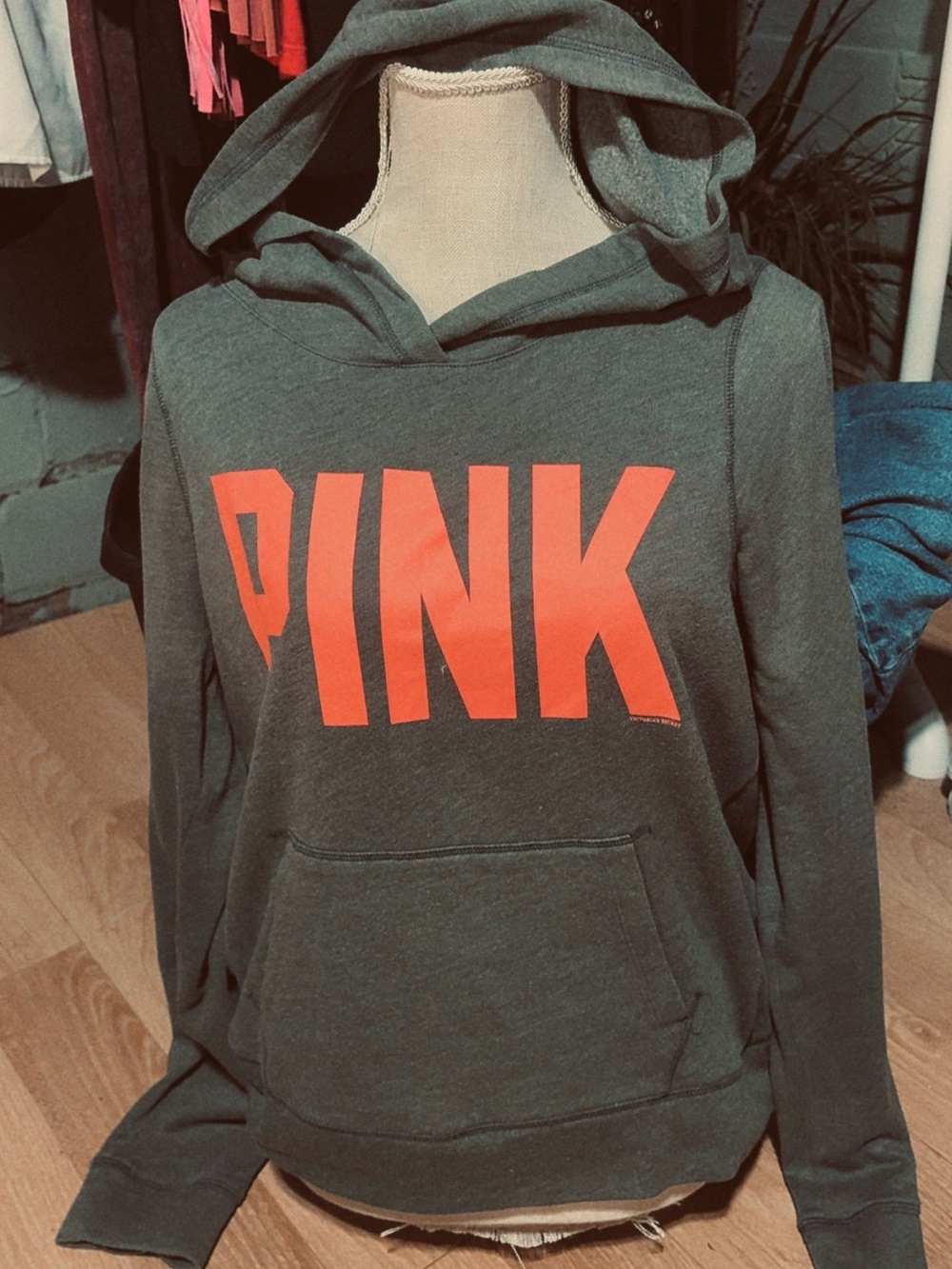 PINK Victoria's Secret Olive Green Hoodie with Coral Logo